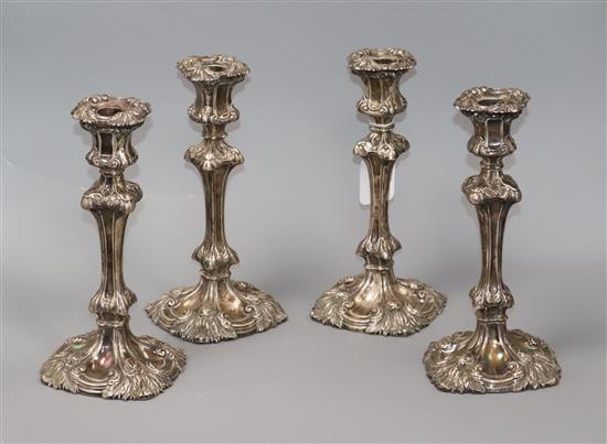 A matched set of four Victorian silver waisted candlesticks, Henry Wilkinson & Co, Sheffield, 1846 & 1853, 24cm.